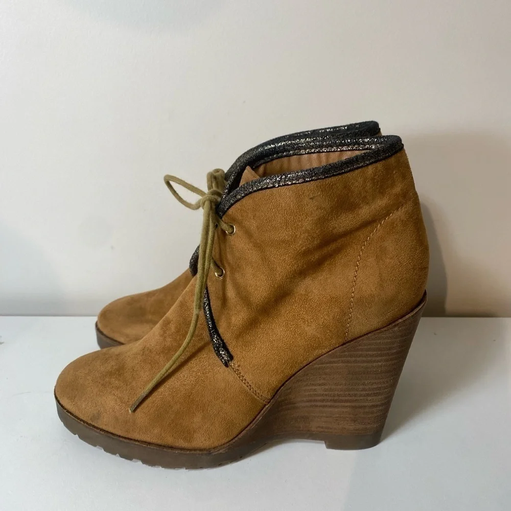 Vanessa Wu Anthropologie Brown Wedge Booties Boot US 7 Ties Boho Country Western
